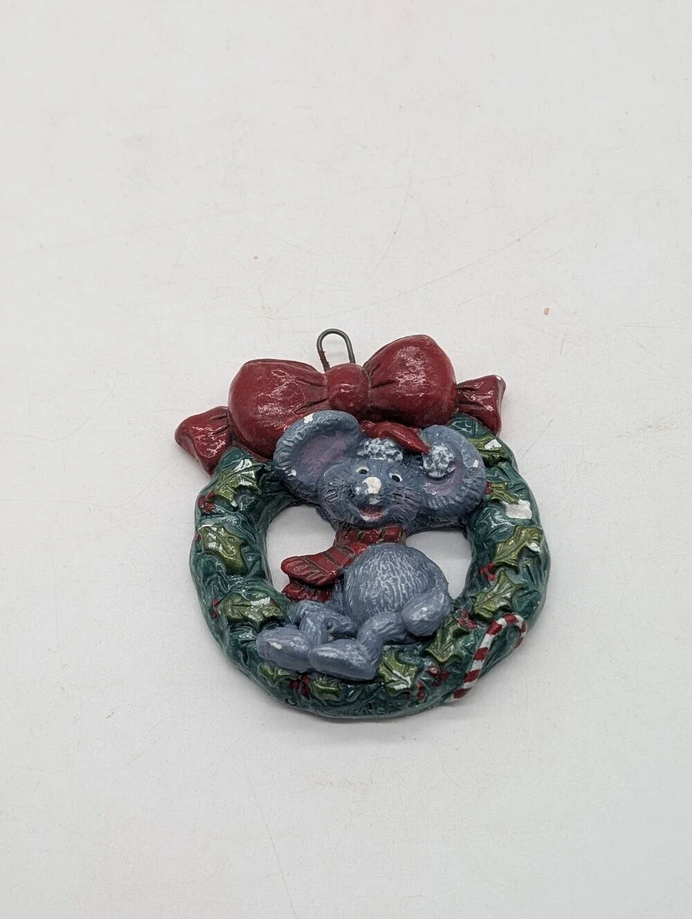 VTG Whimsical Christmas Mouse Holly Wreath Ornament Hand Painted Kitsch Retro